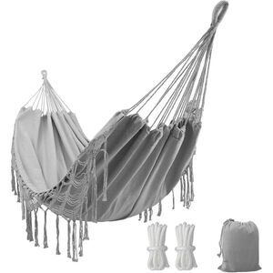 Double Boho Hammock with Elegant Tassels  Outdoor and Indoor Includes Tie Ropes
